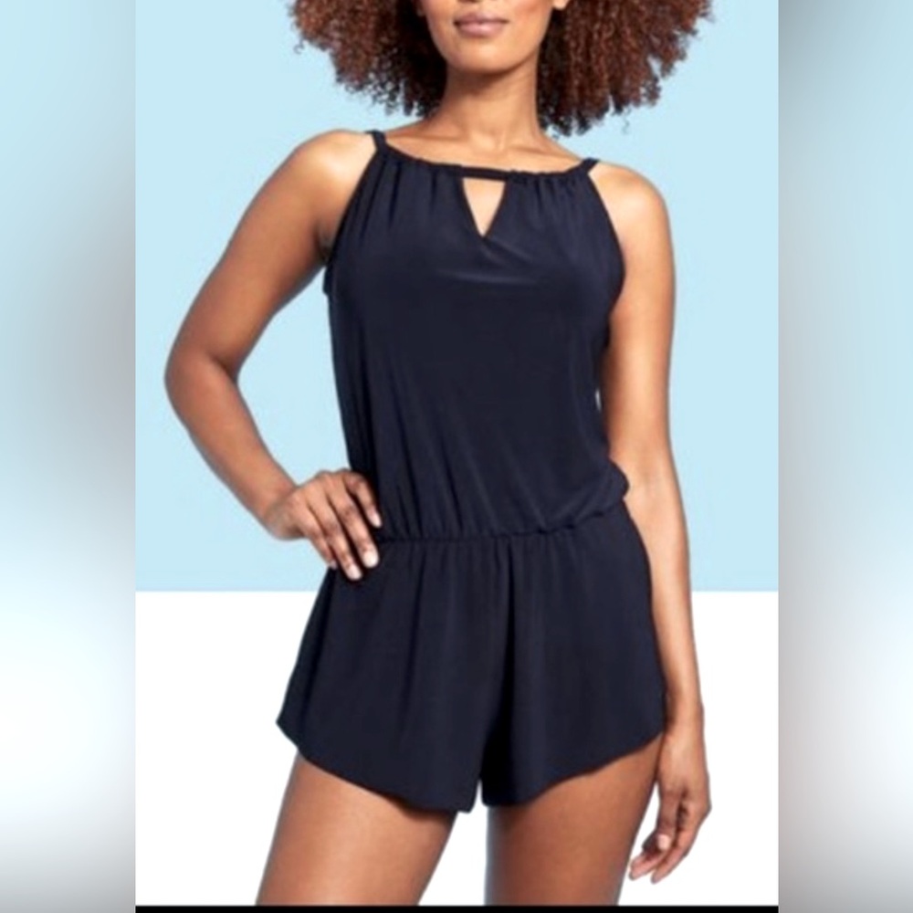 Aqua Green Women's High Neck Swim Romper with Pockets, Navy Sz XL